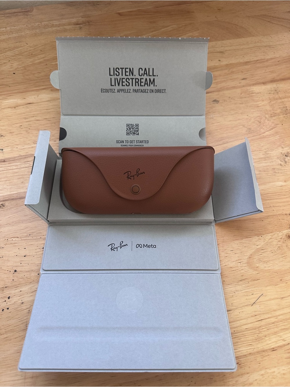 Ray-Ban Brown Leather Sunglasses Case with Ray-Ban x Meta Branding